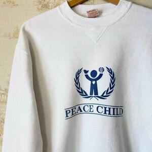 Vintage 70s Russell white blue Peace Child youth NGO crewneck sweatshirt L